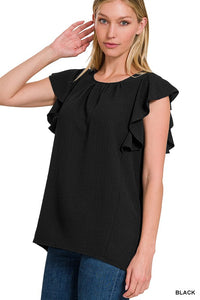 ZENANA WOVEN BUBBLE AIRFLOW FLUTTER SLEEVE TOP