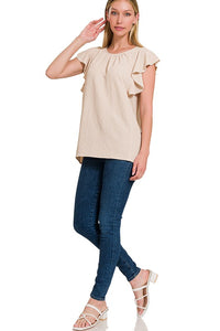 ZENANA WOVEN BUBBLE AIRFLOW FLUTTER SLEEVE TOP