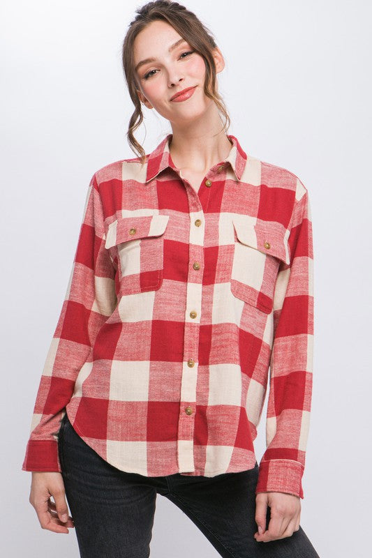 Love Tree Lightweight Plaid Button Down Top