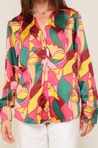 TIMING Retro Print Satin Blouse