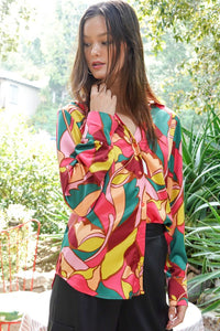 TIMING Retro Print Satin Blouse