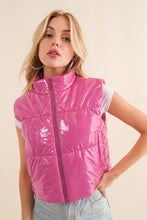 Load image into Gallery viewer, Blue B Gloss Shiny PU Quilted Puffer Zip Up Crop Vest