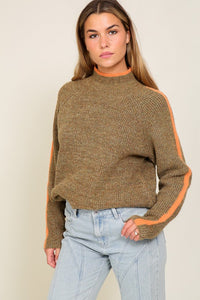 Lumiere Marled Brown Raglan Sleeve Funnel Neck Sweater