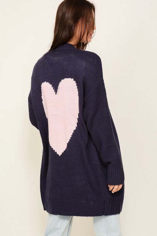 TIMING Long Sleeve Open Front Cardigan With Back Heart