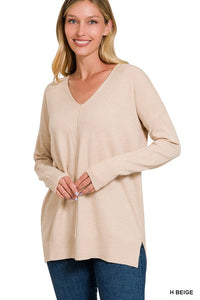 ZENANA GARMENT DYED FRONT SEAM SWEATER