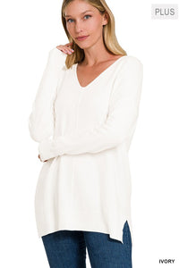 ZENANA PLUS GARMENT DYED FRONT SEAM SWEATER