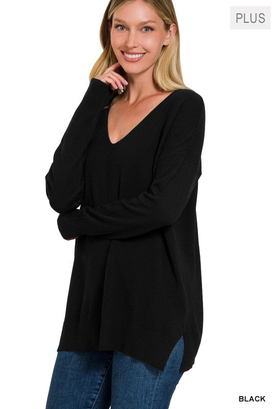 ZENANA PLUS GARMENT DYED FRONT SEAM SWEATER