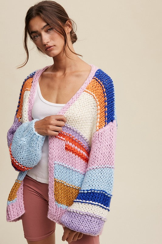 Listicle Hand Knit Multi Striped Cardigan