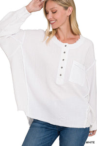 ZENANA Double Gauze Oversized 3/4 Button Henley Neck Top