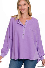 Load image into Gallery viewer, ZENANA Double Gauze Oversized 3/4 Button Henley Neck Top