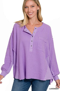 ZENANA Double Gauze Oversized 3/4 Button Henley Neck Top