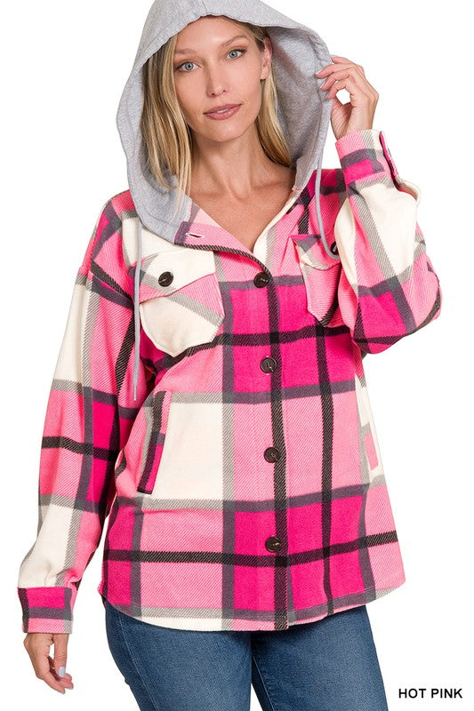 ZENANA PLAID DRAWSTRING HOODED FLEECE SHACKET