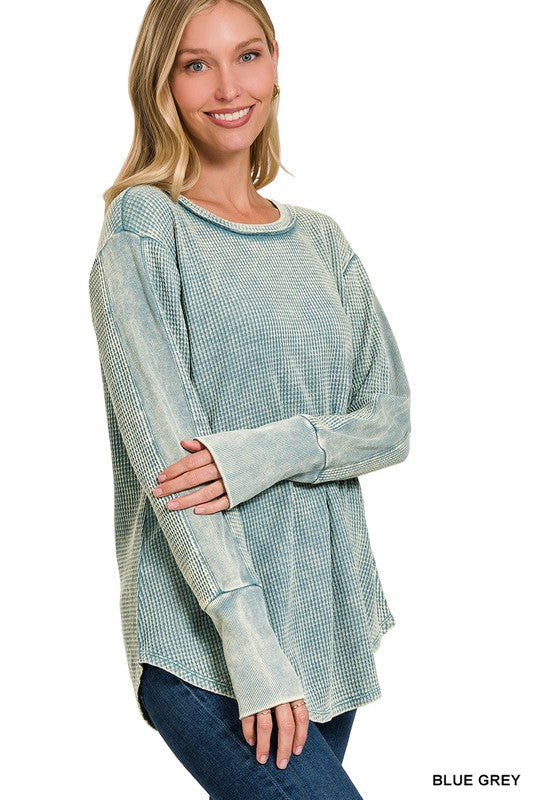 ZENANA WASHED BABY WAFFLE LONG SLEEVE TOP