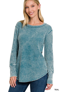 ZENANA WASHED BABY WAFFLE LONG SLEEVE TOP