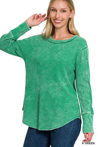 ZENANA WASHED BABY WAFFLE LONG SLEEVE TOP