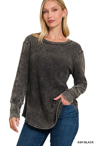 ZENANA WASHED BABY WAFFLE LONG SLEEVE TOP