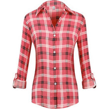 Load image into Gallery viewer, Lightweight Plaid Button Down Roll Up Sleeve Top, XS, 4B-144T009
