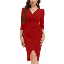 Load image into Gallery viewer, Wrap Ruched Design Dresses 3/4 Sleeve Knee Length Sheath Dress, XL, 23D-198D002