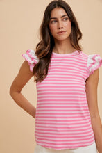 Load image into Gallery viewer, Annie Wear Ruffled Striped Round Neck Cap Sleeve Knit Top