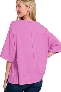  Ribbed Boat Neck 3/4 Sleeve Top Back