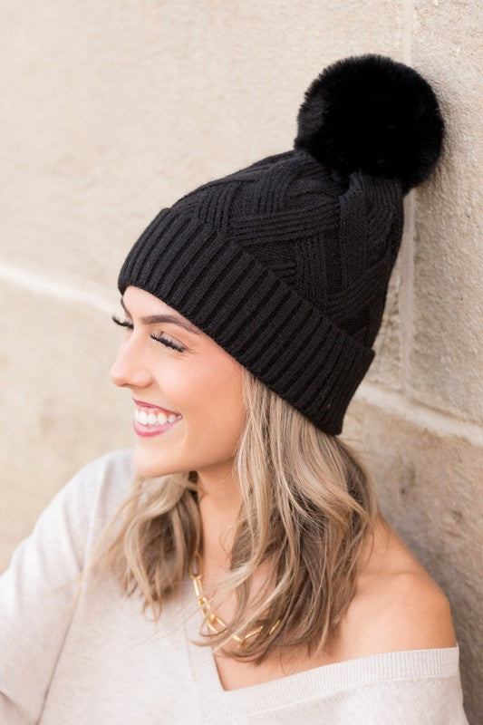 Chunky Knit Fur Pom Beanie