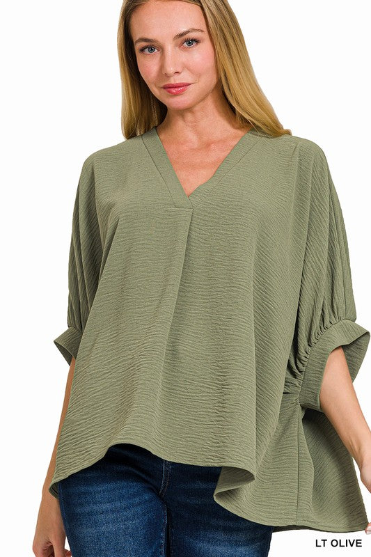 ZENANA Woven Airflow V-Neck Puff Half Sleeve Top