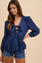 Load image into Gallery viewer, Annie Wear Tie Front Peplum Long Sleeve Denim Top