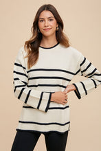 Load image into Gallery viewer, Annie Wear Side Slit Striped Round Neck Sweater