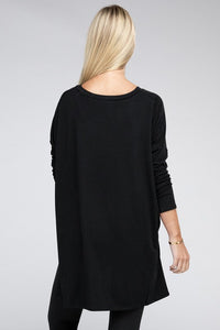 ZENANA Dolman Long Sleeve V-Neck Side Slit Hi-Low Hem Top