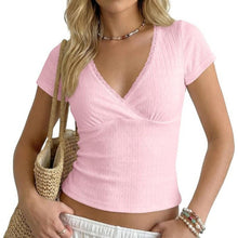 Load image into Gallery viewer, Y2k Aesthetic Lace Trim Pointelle Crop Tshirt Top, Large, 22G-196T014