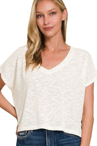 Hacci Slub V-neck Drop Shoulder Crop Top