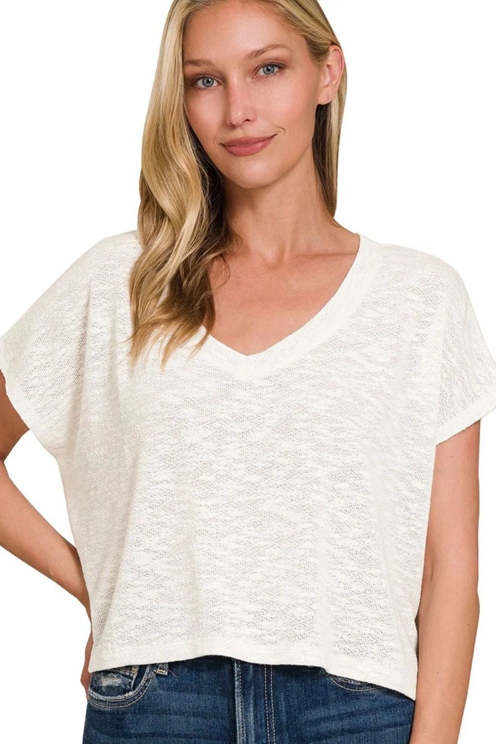 Hacci Slub V-neck Drop Shoulder Crop Top