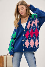Load image into Gallery viewer, Davi &amp; Dani Plush Argyle Button Front Loose Fit Knit Cardigan