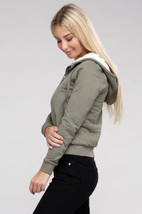 Ambiance Apparel Fuzzy Trim Zip-Up Crop Hoodie