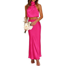 Load image into Gallery viewer, 2 Piece Satin Sleeveless Mock Neck Crop Tops and Long Skirt, SZ L , 4I-147SET001