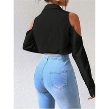 Load image into Gallery viewer, Cold Shoulder Button Down Collared Cropped Blouse, XXL, 22I-196T004