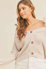Load image into Gallery viewer, MABLE Off Shoulder Self Tie Strap Button Down Sweater
