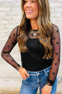 Black Bow Mesh Long Sleeve Top