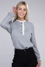 Load image into Gallery viewer, Nuvi Apparel Lace Ruffle Trim Neck Knit Blouse