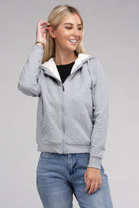 Ambiance Apparel Fuzzy Trim Zip-Up Crop Hoodie