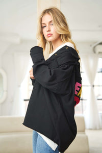 Davi & Dani MULTI COLOR LETTERING PEACE SYMBOL BUTTON UP SHIRT