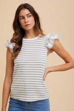 Load image into Gallery viewer, Annie Wear Ruffled Striped Round Neck Cap Sleeve Knit Top