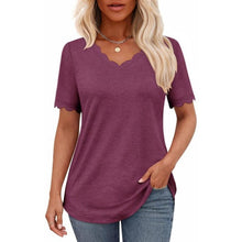 Load image into Gallery viewer, Fuchsia Scalloped V Neck Short Sleeve Top, Small, 21H-196T013