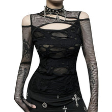 Load image into Gallery viewer, Gothic Fishnet Patchwork Ripped Top, Small, 22F-199T007