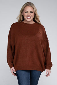 ZENANA Plus Oversized Round Neck Raw Seam Melange Sweater