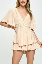 Load image into Gallery viewer, One and Only Collective Inc Flutter Sleeved Short Romper with Crochet Trim