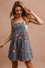 Load image into Gallery viewer, BiBi Flower Printed Wide Strap Denim Overalls