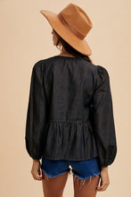 Load image into Gallery viewer, Annie Wear Tie Front Peplum Long Sleeve Denim Top