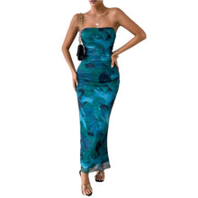 Load image into Gallery viewer, Printed Strapless Bodycon Side Slit Mesh Layered Dress, sz xs, 4H-143D017