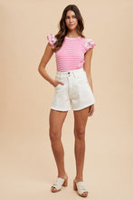 Load image into Gallery viewer, Annie Wear Ruffled Striped Round Neck Cap Sleeve Knit Top